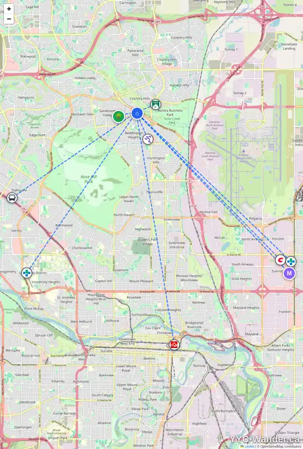 Daily accessibility map for 503 BERNARD ME NW, Calgary showing nearby schools, grocery stores, parks, LRT stations and nearby amenities