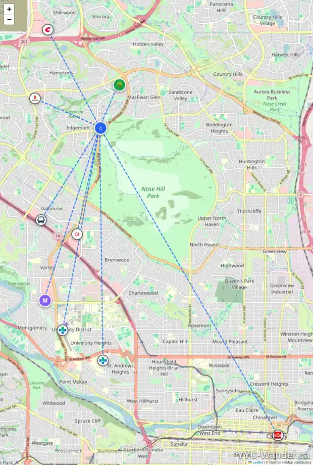 Daily accessibility map for 79 EDGEBROOK WY NW, Calgary showing nearby schools, grocery stores, parks, LRT stations and nearby amenities