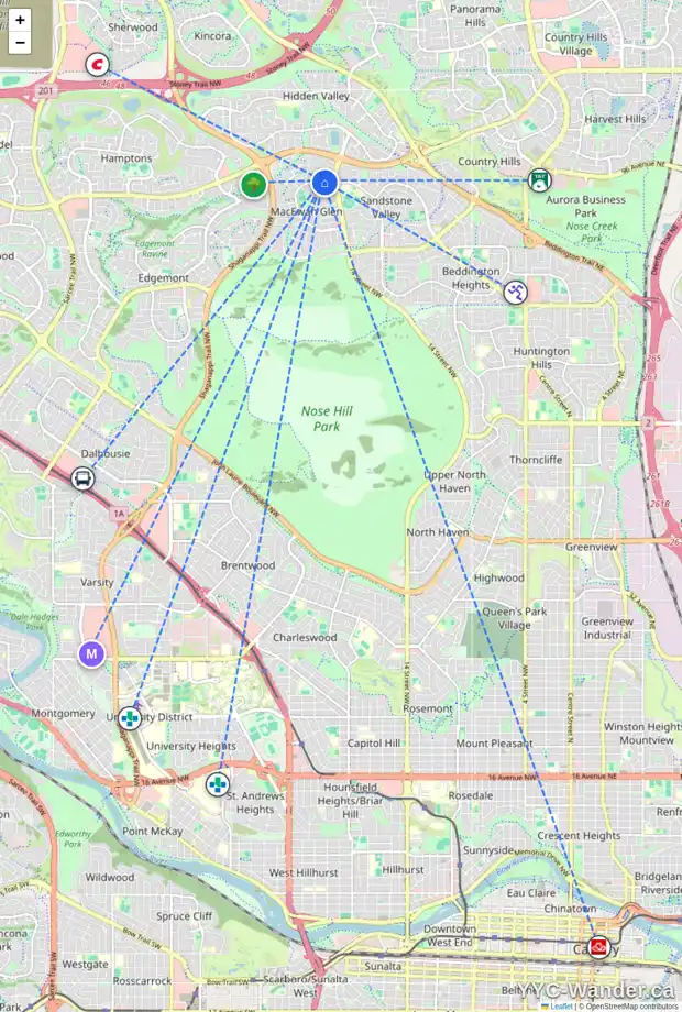Daily accessibility map for 177 MACEWAN VALLEY RD NW, Calgary showing nearby schools, grocery stores, parks, LRT stations and nearby amenities