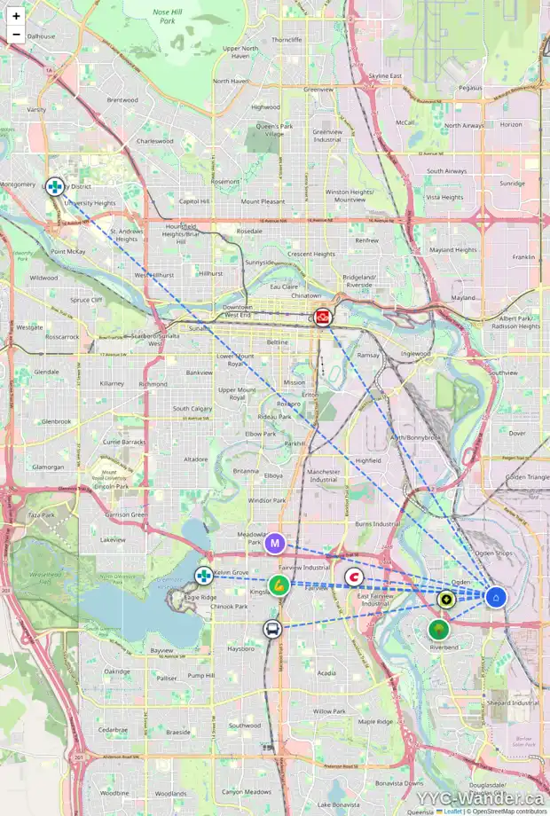 Daily accessibility map for 7439 26A ST SE, Calgary showing nearby schools, grocery stores, parks, LRT stations and nearby amenities