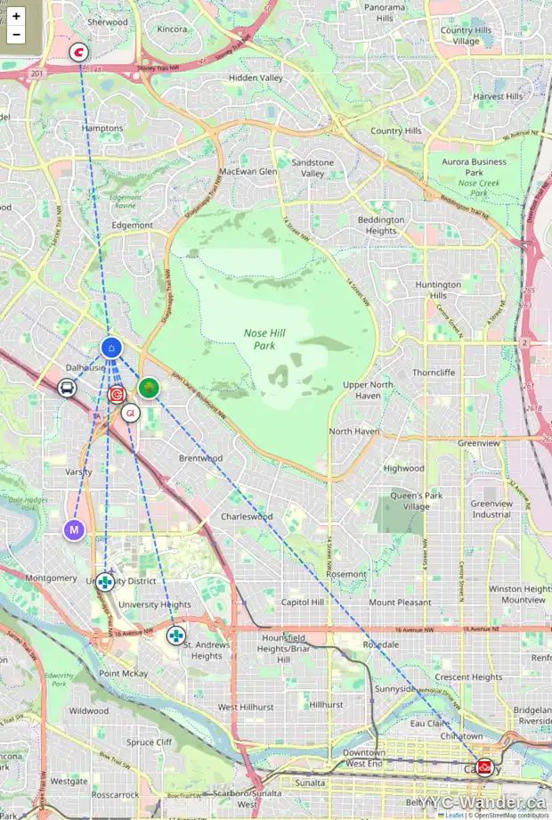 Daily accessibility map for 6419 DALTON DR NW, Calgary showing nearby schools, grocery stores, parks, LRT stations and nearby amenities
