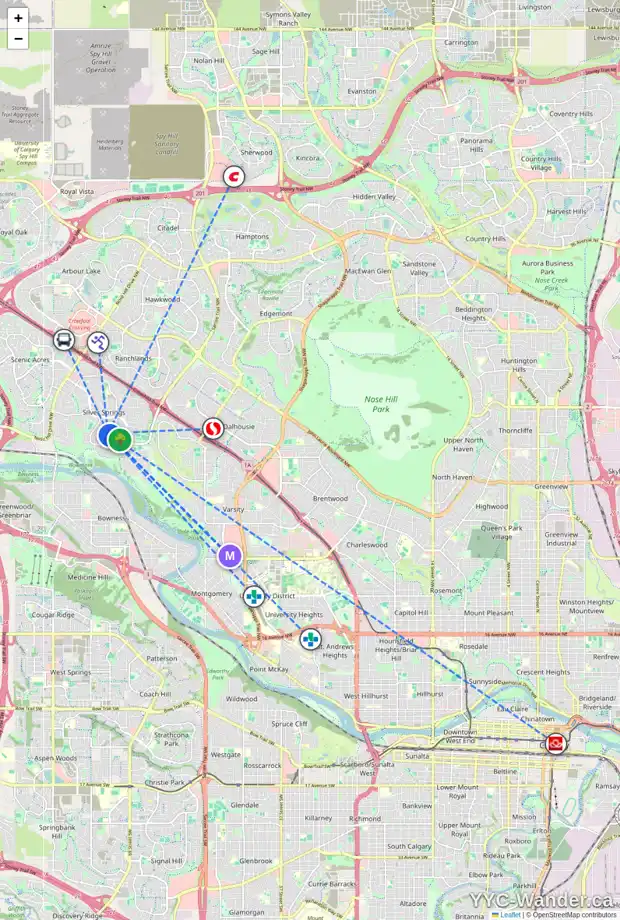 Daily accessibility map for 171 SILVER RIDGE CL NW, Calgary showing nearby schools, grocery stores, parks, LRT stations and nearby amenities