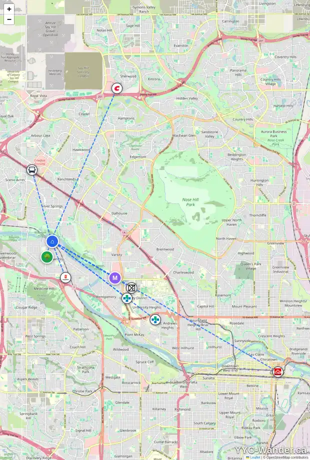 Daily accessibility map for 51 BOW VILLAGE CR NW, Calgary showing nearby schools, grocery stores, parks, LRT stations and nearby amenities