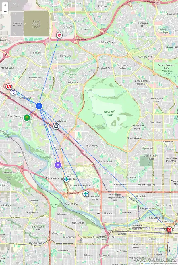 Daily accessibility map for 115 RANCH ESTATES PL NW, Calgary showing nearby schools, grocery stores, parks, LRT stations and nearby amenities