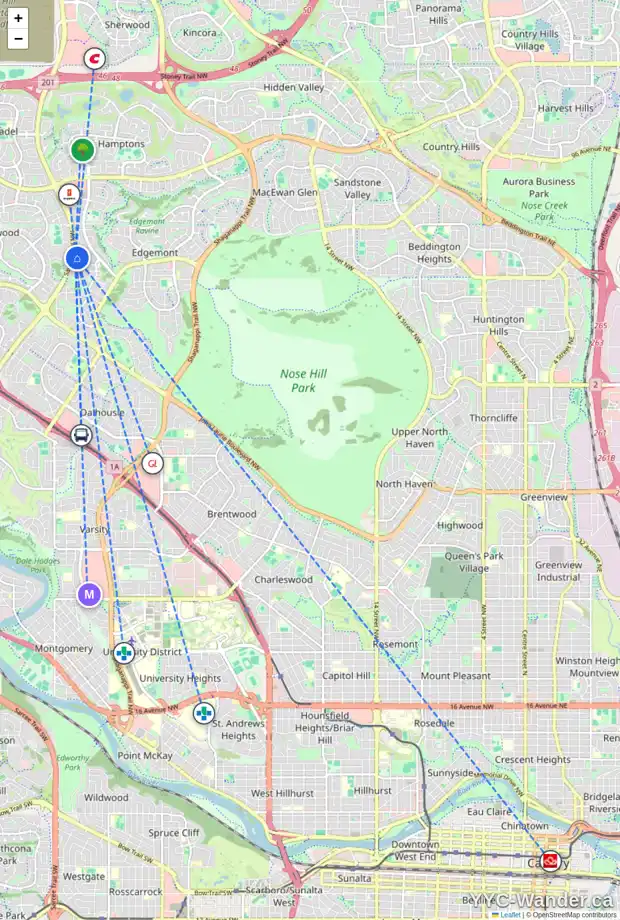Daily accessibility map for 55 EDGELAND CR NW, Calgary showing nearby schools, grocery stores, parks, LRT stations and nearby amenities