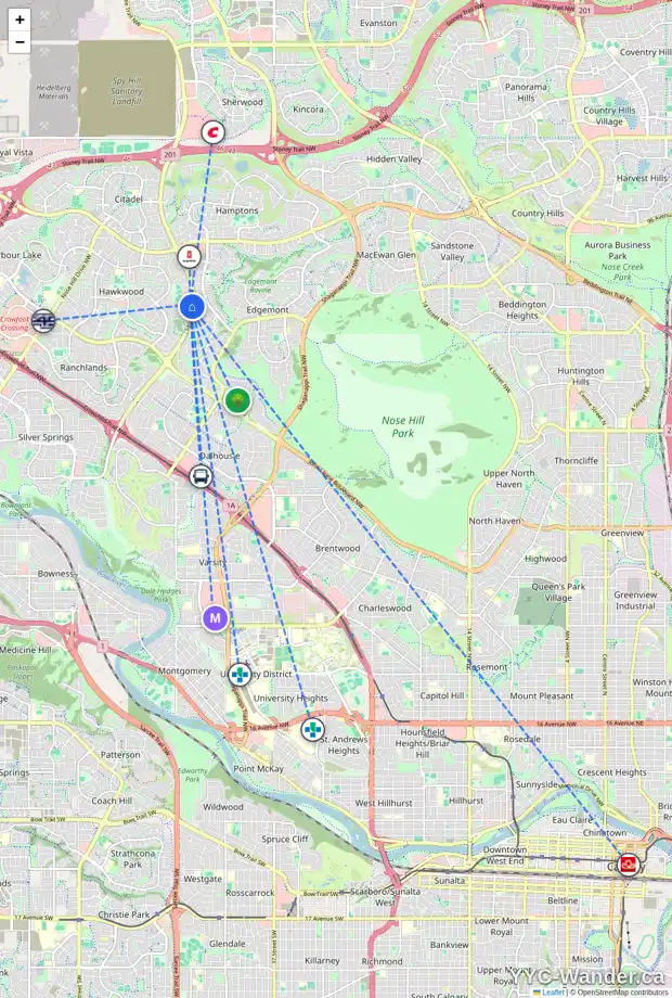 Daily accessibility map for 115 HAWKHILL WY NW, Calgary showing nearby schools, grocery stores, parks, LRT stations and nearby amenities