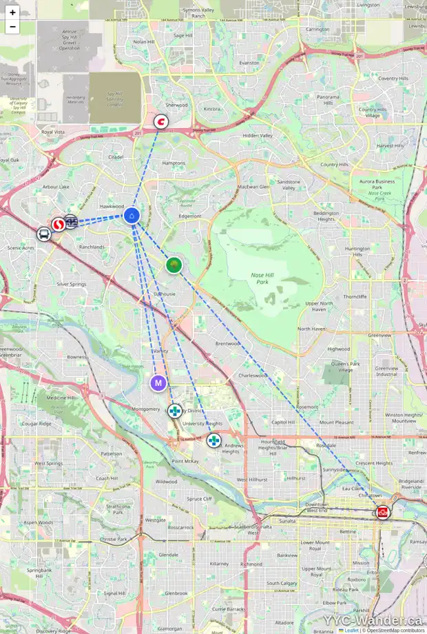 Daily accessibility map for 8416 HAWKVIEW MANOR RD NW, Calgary showing nearby schools, grocery stores, parks, LRT stations and nearby amenities