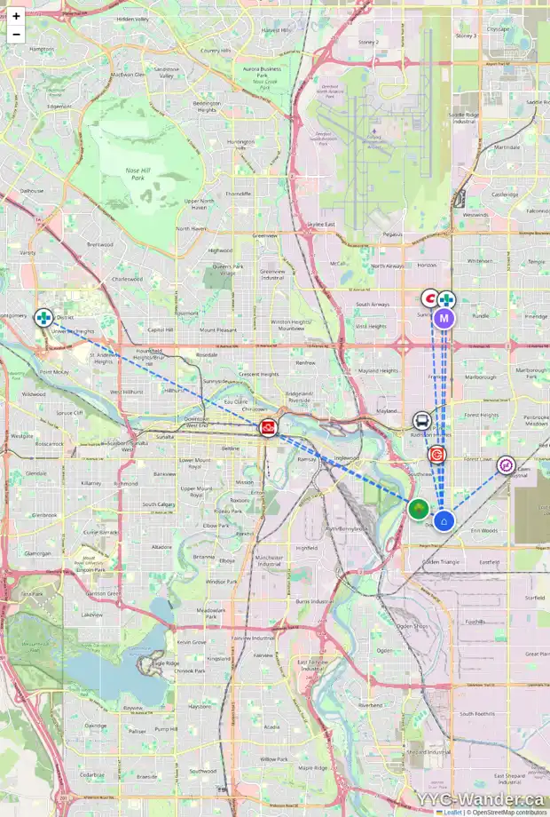 Daily accessibility map for 3527 33 ST SE, Calgary showing nearby schools, grocery stores, parks, LRT stations and nearby amenities