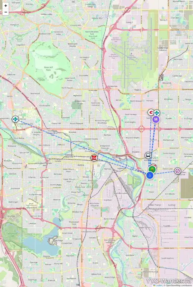Daily accessibility map for 2214 27 ST SE, Calgary showing nearby schools, grocery stores, parks, LRT stations and nearby amenities