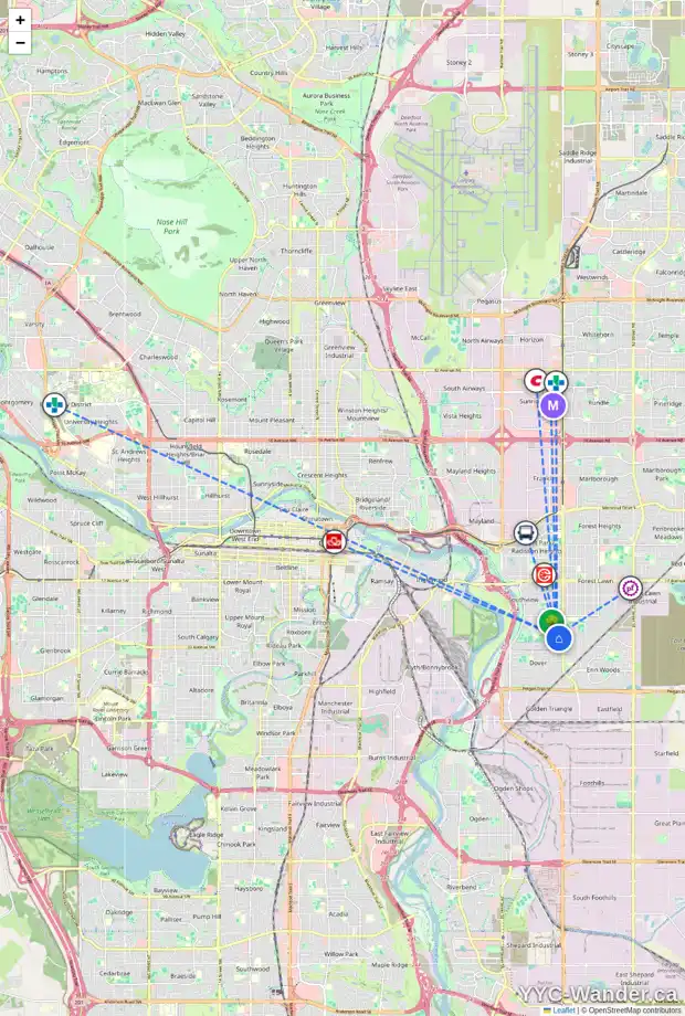 Daily accessibility map for 3439 30A AV SE, Calgary showing nearby schools, grocery stores, parks, LRT stations and nearby amenities