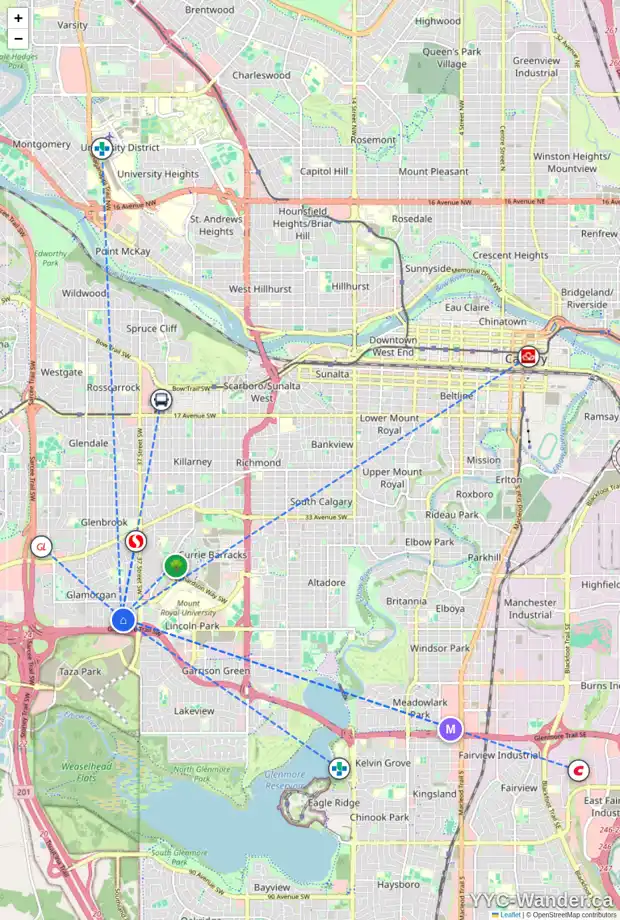 Daily accessibility map for 52 GLACIER DR SW, Calgary showing nearby schools, grocery stores, parks, LRT stations and nearby amenities
