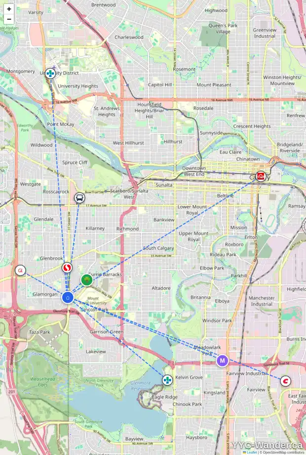 Daily accessibility map for 6 GREENWOOD CR SW, Calgary showing nearby schools, grocery stores, parks, LRT stations and nearby amenities