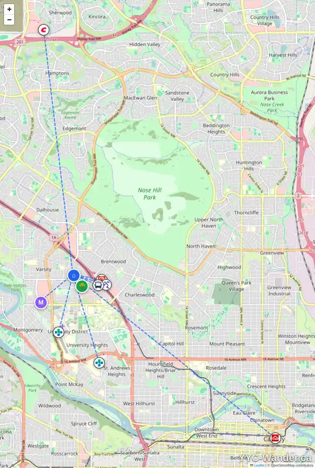 Daily accessibility map for 3835 VARSITY DR NW, Calgary showing nearby schools, grocery stores, parks, LRT stations and nearby amenities
