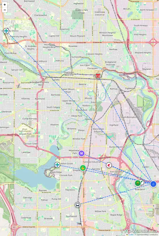 Daily accessibility map for 34 RIVERCREST WY SE, Calgary showing nearby schools, grocery stores, parks, LRT stations and nearby amenities