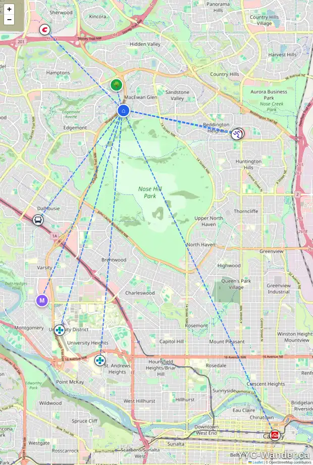 Daily accessibility map for 264 MACEWAN PARK VW NW, Calgary showing nearby schools, grocery stores, parks, LRT stations and nearby amenities