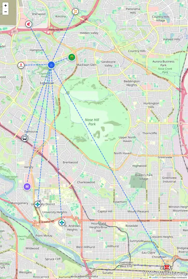 Daily accessibility map for 123 EDGERIDGE PA NW, Calgary showing nearby schools, grocery stores, parks, LRT stations and nearby amenities