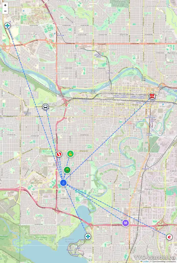 Daily accessibility map for 4723 21A ST SW, Calgary showing nearby schools, grocery stores, parks, LRT stations and nearby amenities