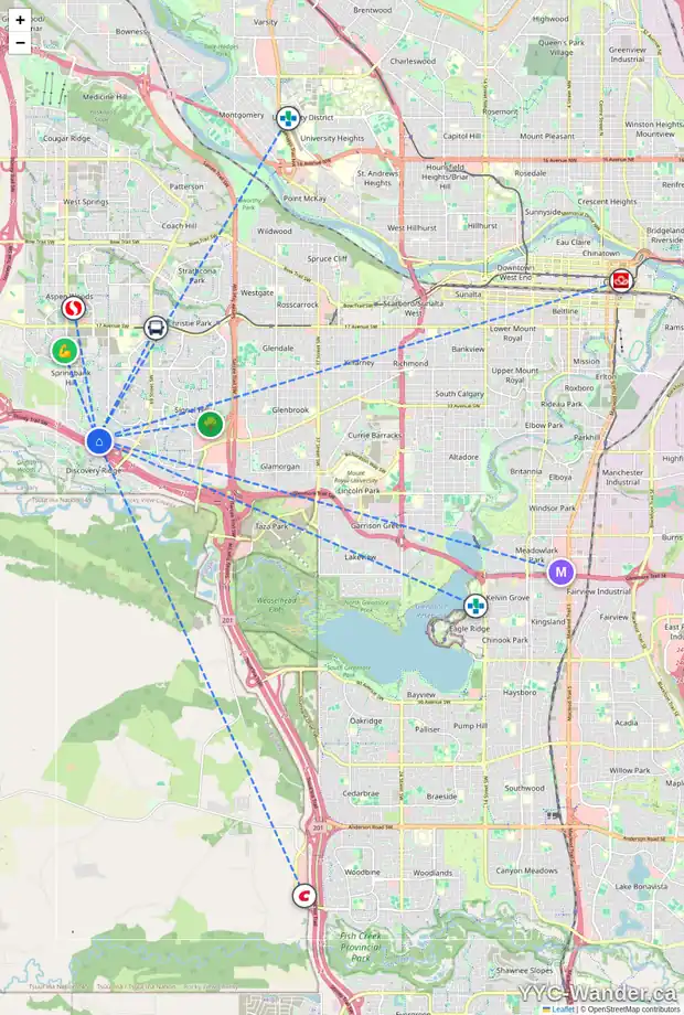 Daily accessibility map for 226 SPRINGBANK PL SW, Calgary showing nearby schools, grocery stores, parks, LRT stations and nearby amenities