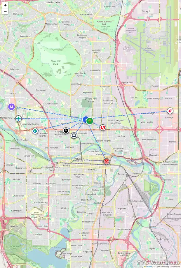 Daily accessibility map for 801 24 AV NW, Calgary showing nearby schools, grocery stores, parks, LRT stations and nearby amenities