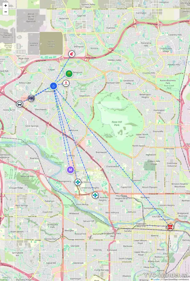 Daily accessibility map for 157 HAWKSTONE MR NW, Calgary showing nearby schools, grocery stores, parks, LRT stations and nearby amenities