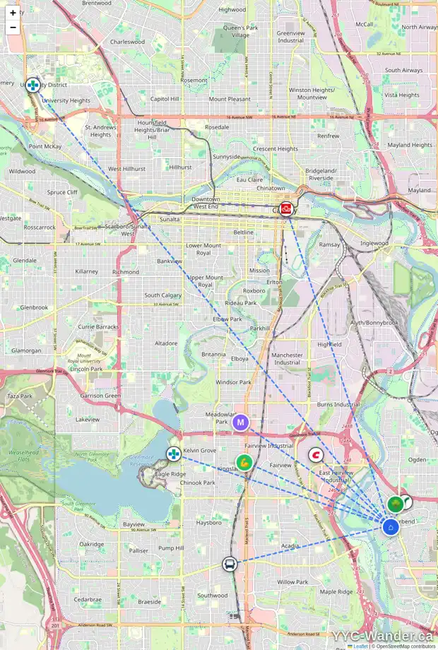 Daily accessibility map for 92 RIVERVALLEY DR SE, Calgary showing nearby schools, grocery stores, parks, LRT stations and nearby amenities