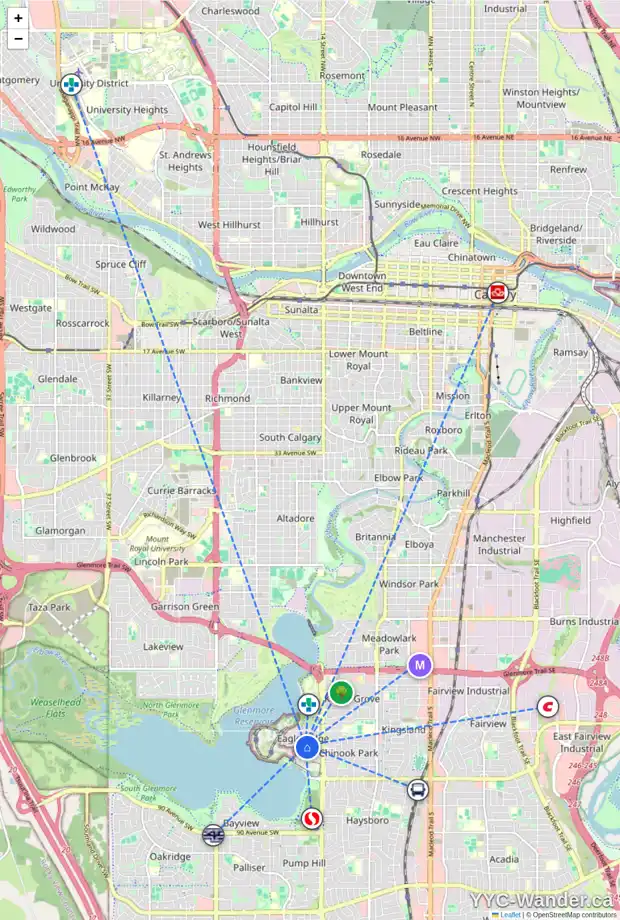 Daily accessibility map for 127 EAGLE RIDGE DR SW, Calgary showing nearby schools, grocery stores, parks, LRT stations and nearby amenities