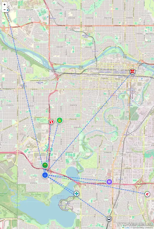 Daily accessibility map for 6332 LYNCH CR SW, Calgary showing nearby schools, grocery stores, parks, LRT stations and nearby amenities
