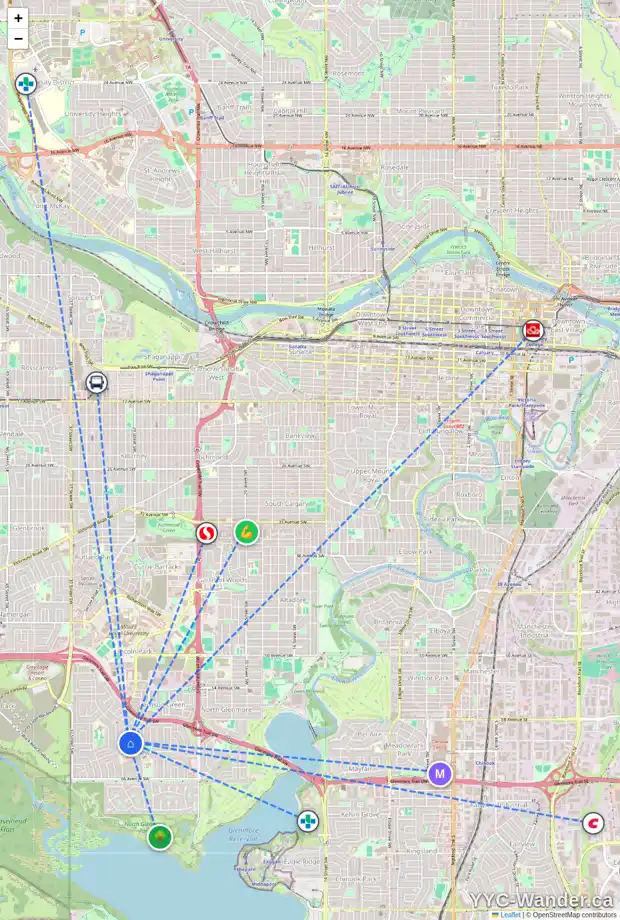 Daily accessibility map for 3304 LANCASTER WY SW, Calgary showing nearby schools, grocery stores, parks, LRT stations and nearby amenities