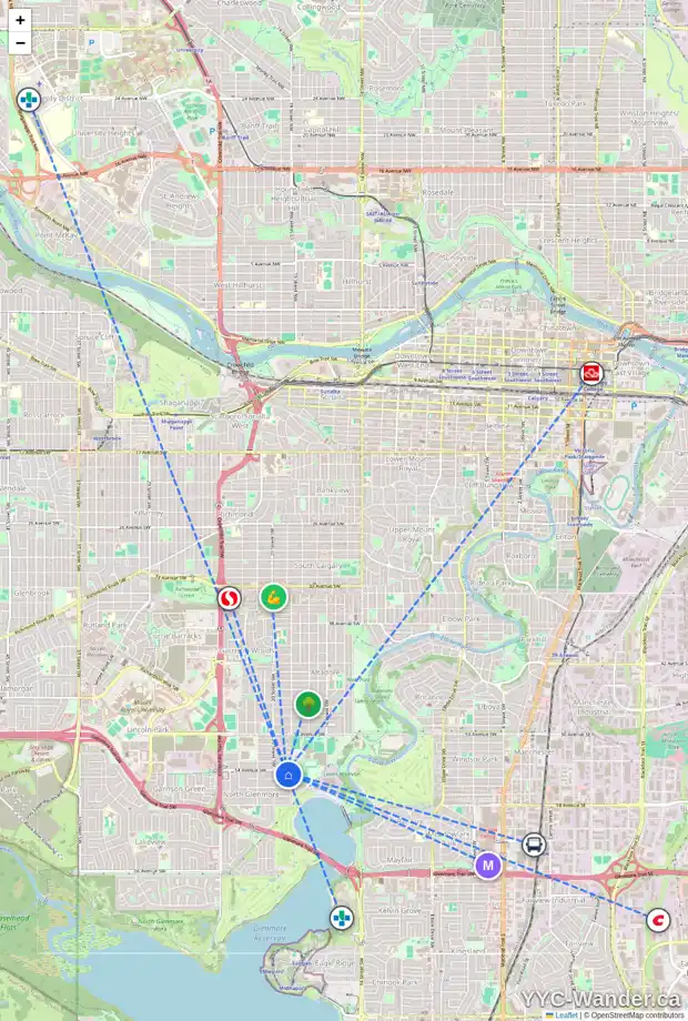 Daily accessibility map for 2011 54 AV SW, Calgary showing nearby schools, grocery stores, parks, LRT stations and nearby amenities