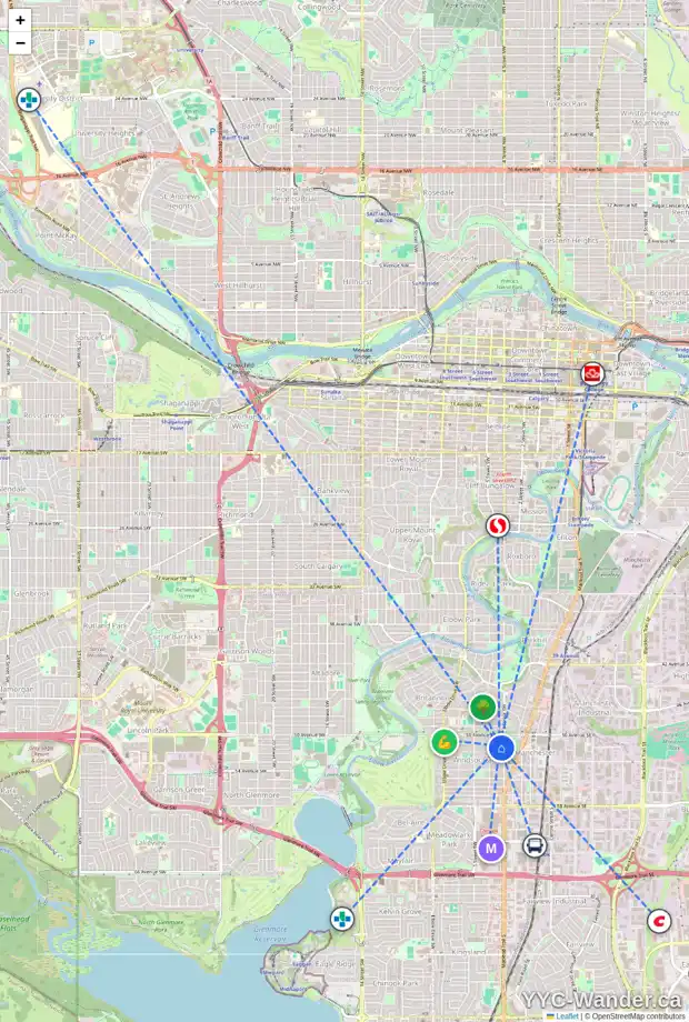 Daily accessibility map for 411 51 AV SW, Calgary showing nearby schools, grocery stores, parks, LRT stations and nearby amenities