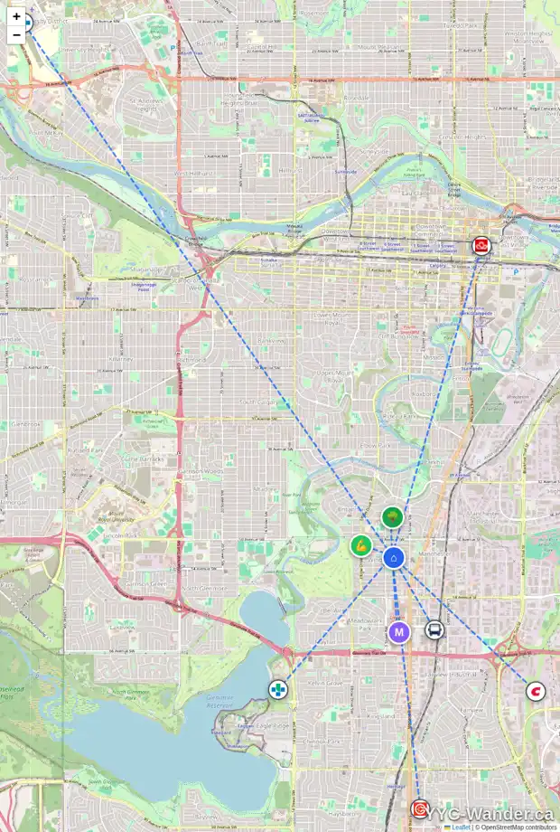 Daily accessibility map for 519 52 AV SW, Calgary showing nearby schools, grocery stores, parks, LRT stations and nearby amenities