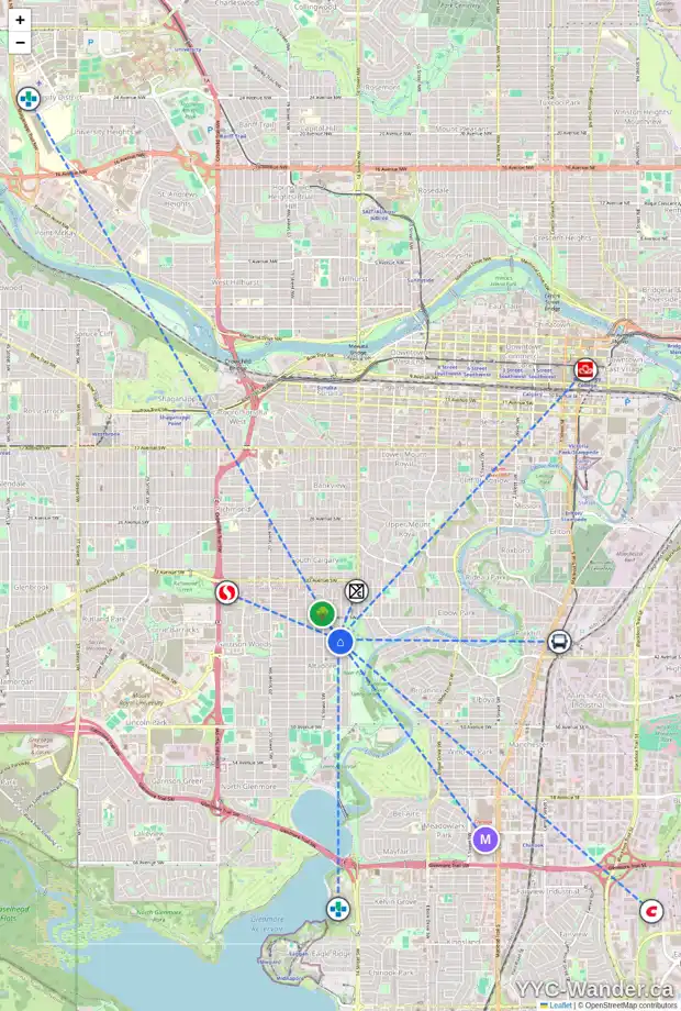 Daily accessibility map for 4107 15 ST SW, Calgary showing nearby schools, grocery stores, parks, LRT stations and nearby amenities