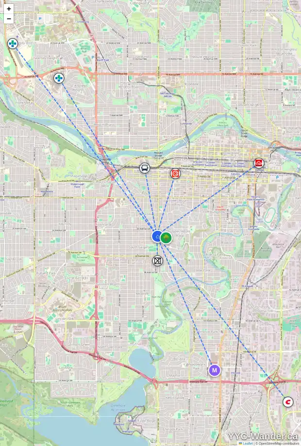 Daily accessibility map for 1512 28 AV SW, Calgary showing nearby schools, grocery stores, parks, LRT stations and nearby amenities