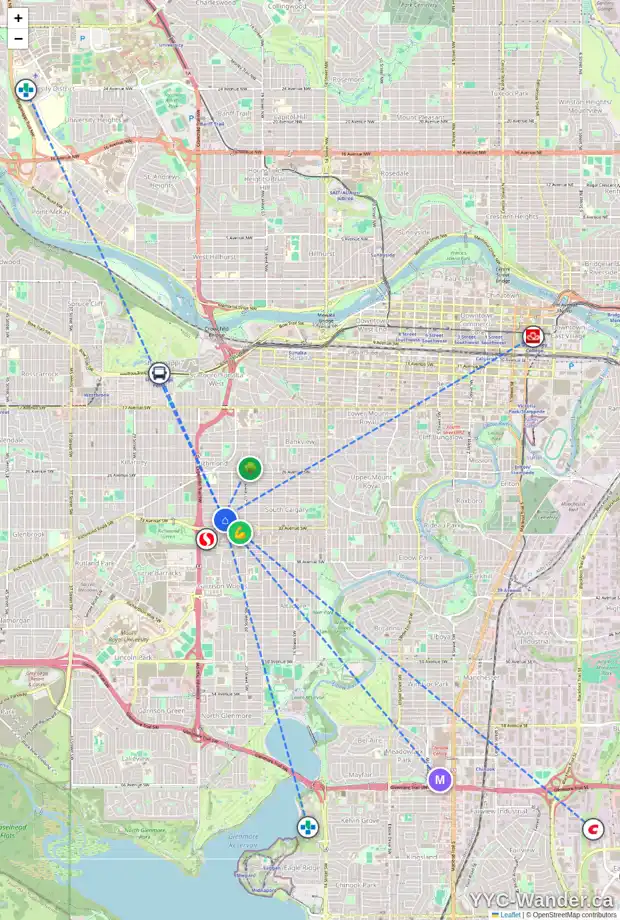 Daily accessibility map for 2228 32 AV SW, Calgary showing nearby schools, grocery stores, parks, LRT stations and nearby amenities