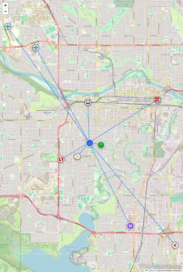 Daily accessibility map for 1633 27 AV SW, Calgary showing nearby schools, grocery stores, parks, LRT stations and nearby amenities
