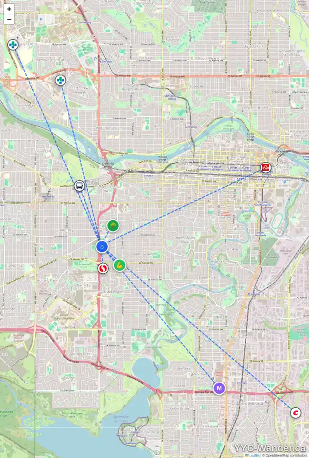 Daily accessibility map for 2452 29 AV SW, Calgary showing nearby schools, grocery stores, parks, LRT stations and nearby amenities