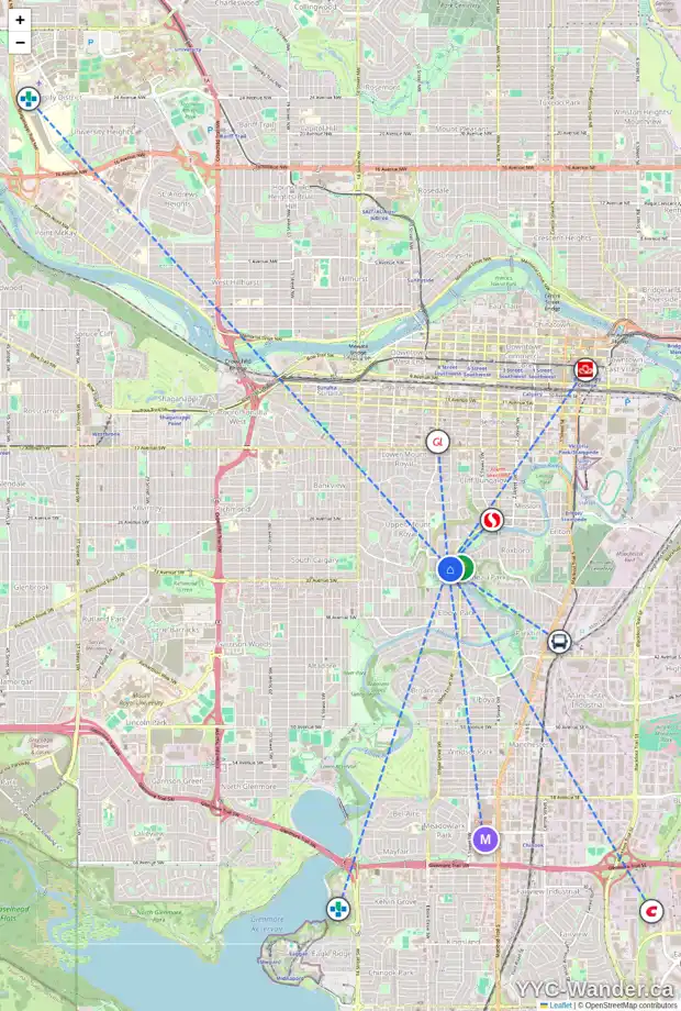 Daily accessibility map for 3228 6 ST SW, Calgary showing nearby schools, grocery stores, parks, LRT stations and nearby amenities