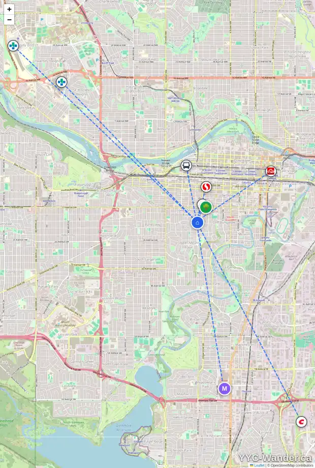 Daily accessibility map for 916 DURHAM AV SW, Calgary showing nearby schools, grocery stores, parks, LRT stations and nearby amenities