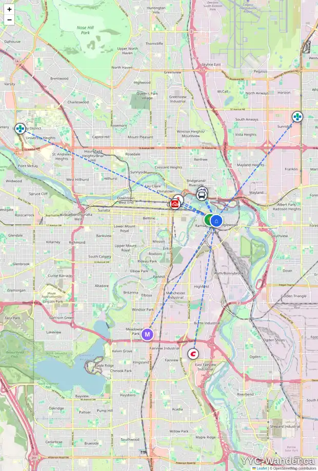 Daily accessibility map for 1332 10 AV SE, Calgary showing nearby schools, grocery stores, parks, LRT stations and nearby amenities