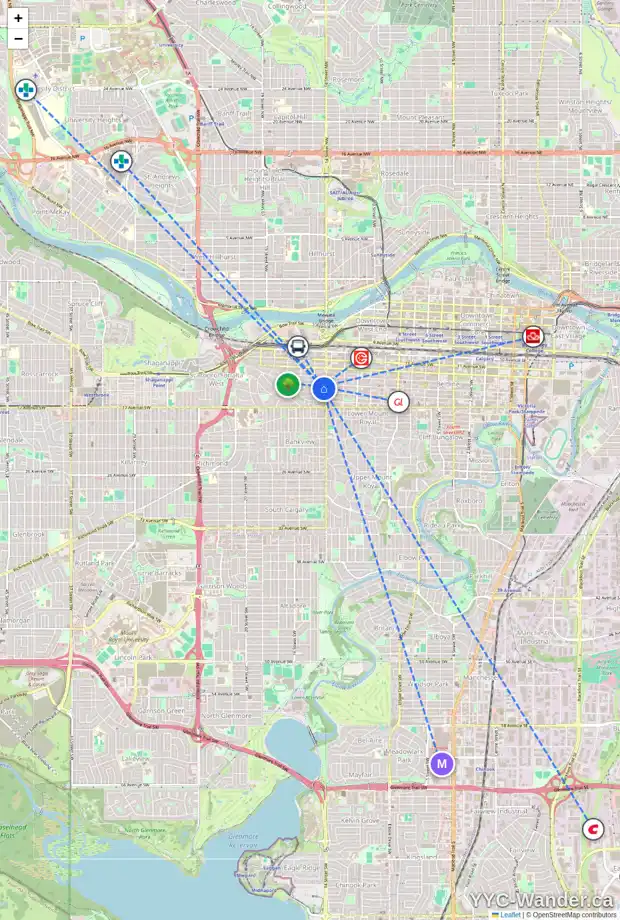 Daily accessibility map for 1511 14 AV SW, Calgary showing nearby schools, grocery stores, parks, LRT stations and nearby amenities
