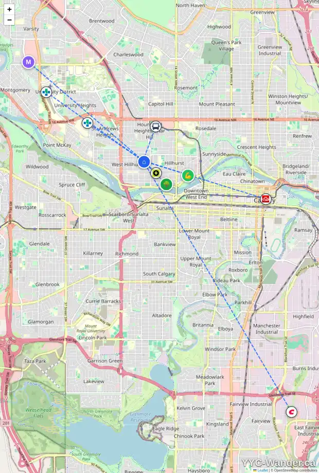 Daily accessibility map for 2 2111 4 AV NW, Calgary showing nearby schools, grocery stores, parks, LRT stations and nearby amenities