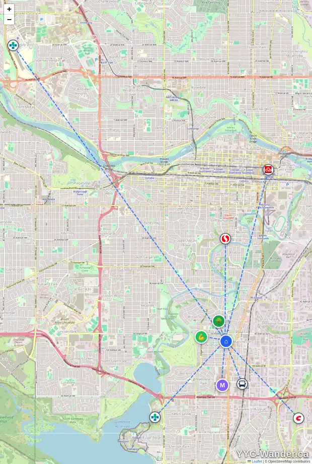 Daily accessibility map for 420 52 AV SW, Calgary showing nearby schools, grocery stores, parks, LRT stations and nearby amenities