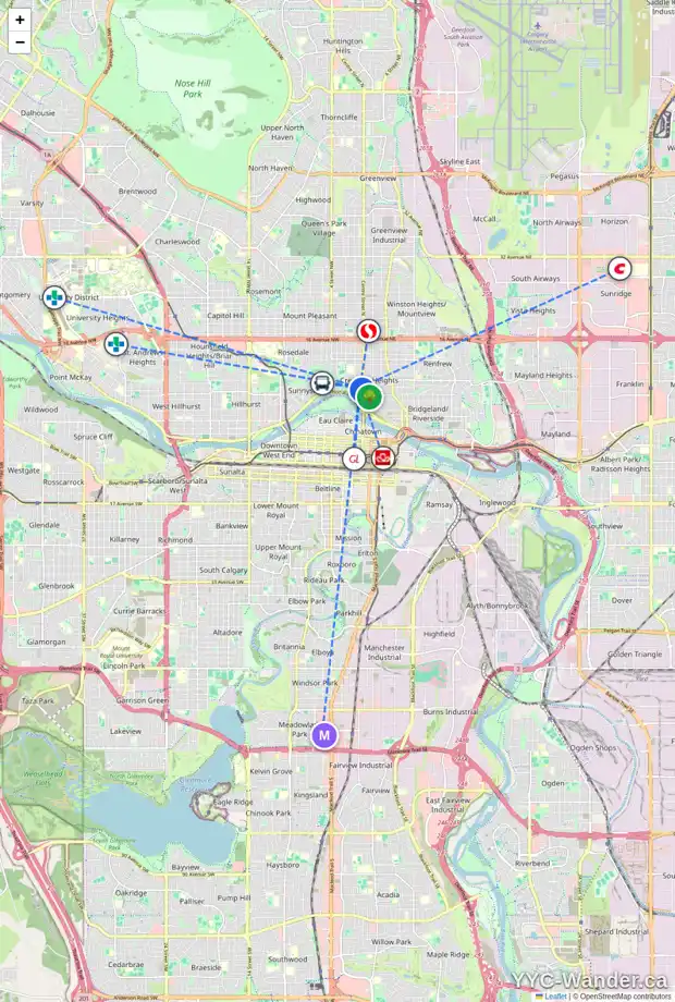 Daily accessibility map for 116 6 AV NW, Calgary showing nearby schools, grocery stores, parks, LRT stations and nearby amenities