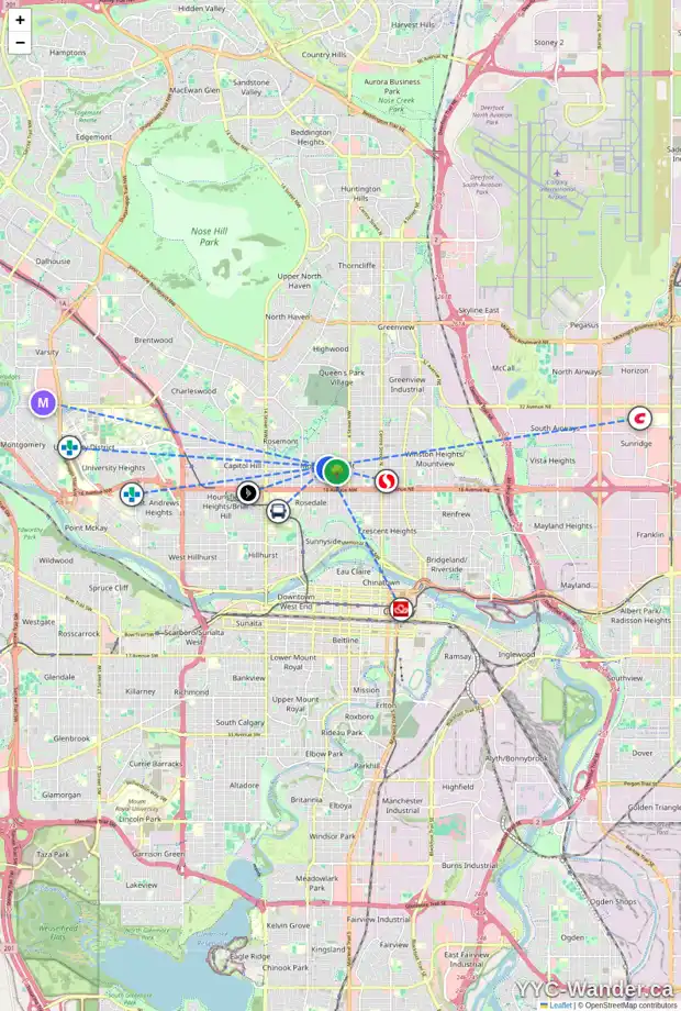 Daily accessibility map for 722 20 AV NW, Calgary showing nearby schools, grocery stores, parks, LRT stations and nearby amenities