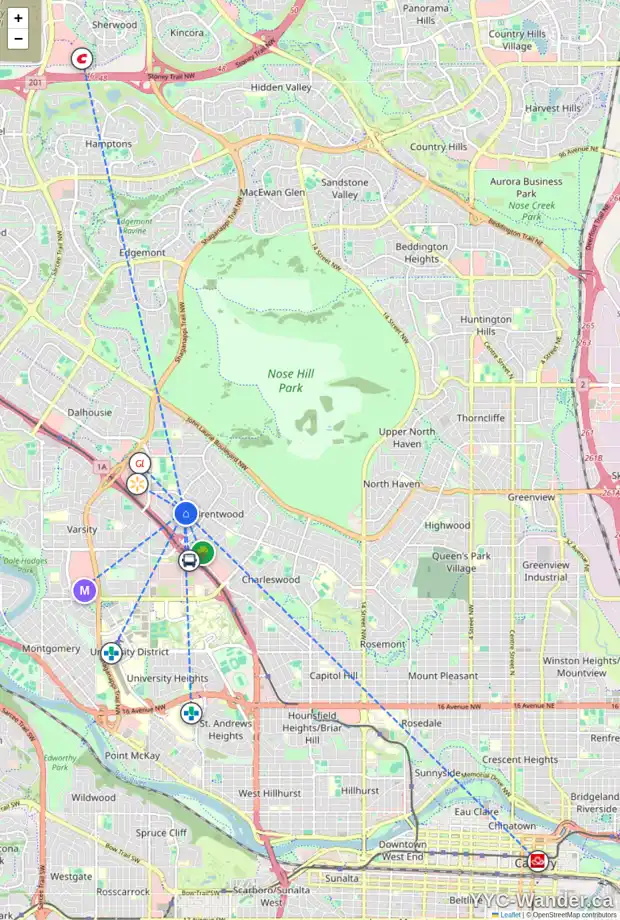 Daily accessibility map for 35 BROWN CR NW, Calgary showing nearby schools, grocery stores, parks, LRT stations and nearby amenities