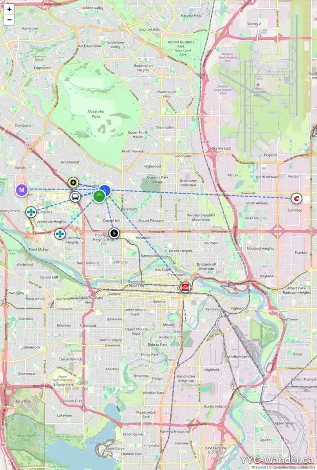 Daily accessibility map for 1807 CANBERRA RD NW, Calgary showing nearby schools, grocery stores, parks, LRT stations and nearby amenities