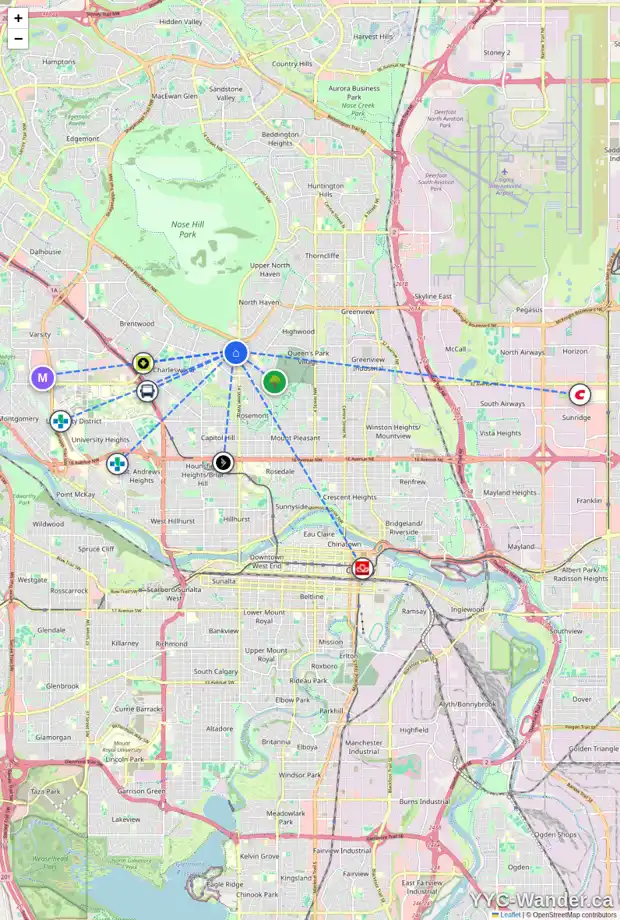 Daily accessibility map for 1512 CAVANAUGH PL NW, Calgary showing nearby schools, grocery stores, parks, LRT stations and nearby amenities