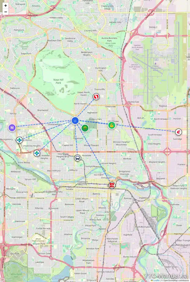 Daily accessibility map for 3832 14 ST NW, Calgary showing nearby schools, grocery stores, parks, LRT stations and nearby amenities