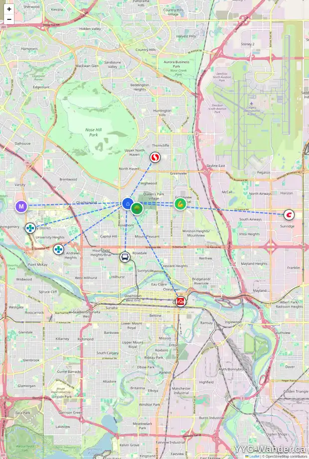 Daily accessibility map for 107 CUMBERLAND DR NW, Calgary showing nearby schools, grocery stores, parks, LRT stations and nearby amenities