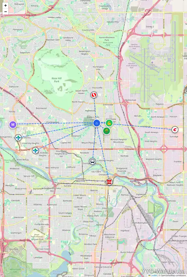 Daily accessibility map for 439 35 AV NW, Calgary showing nearby schools, grocery stores, parks, LRT stations and nearby amenities